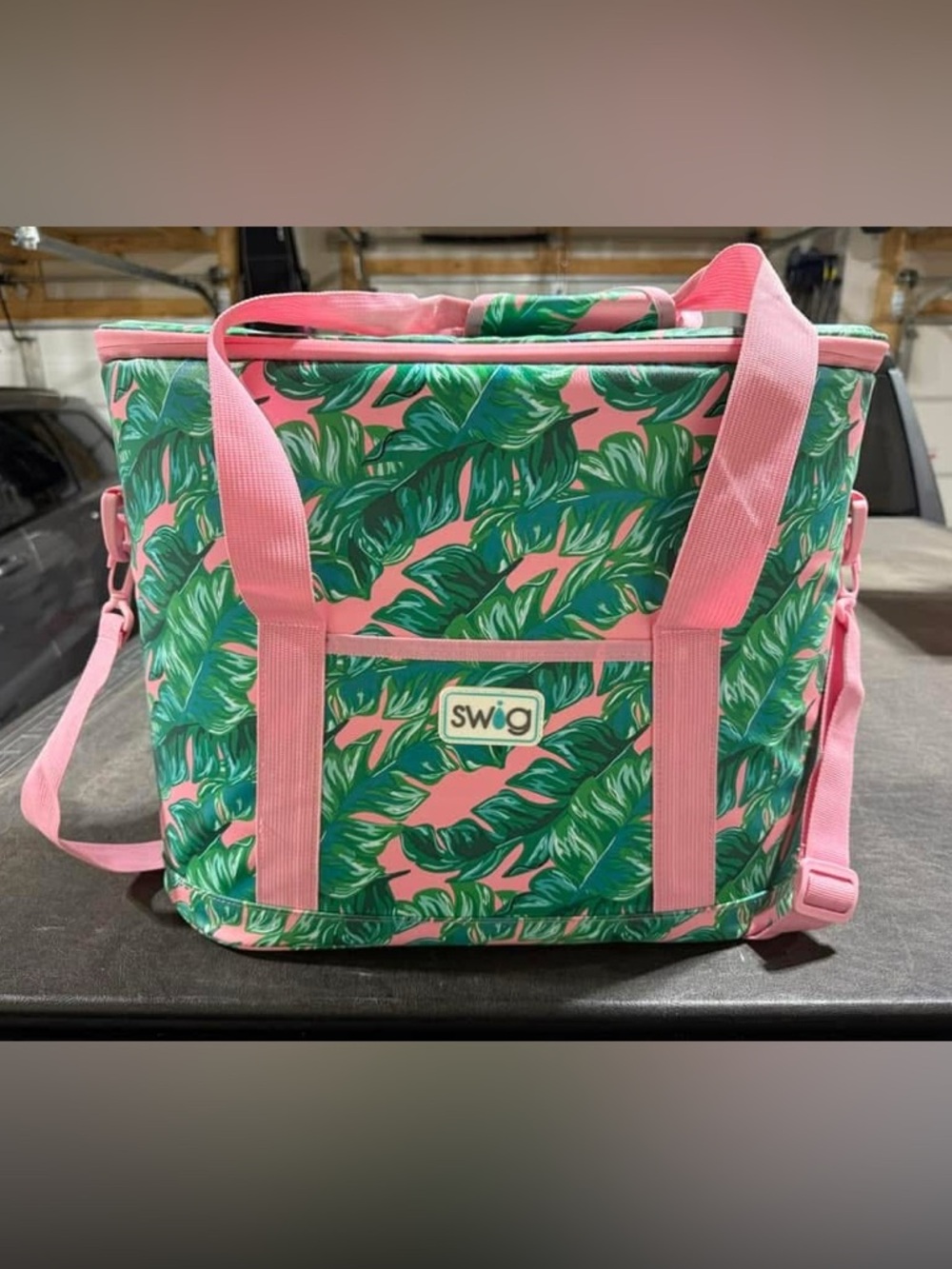 Swig Pink Tropical Leaf Cooler Tote